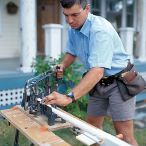 sawing in the miter box to match the angle on the baluster