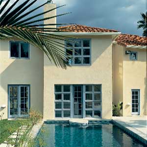 Casement windows with blue frames