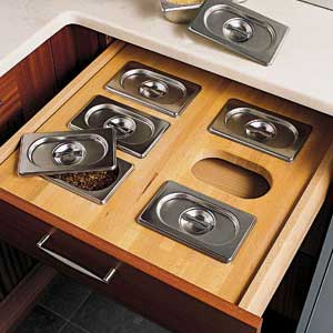 condiment drawer with covered stainless steel bins, from Bilotta