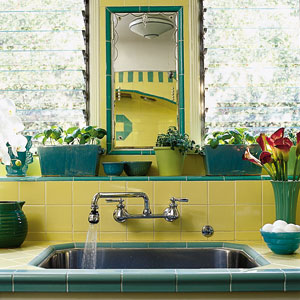 updated retro kitchen; original medicine cabinet above sink