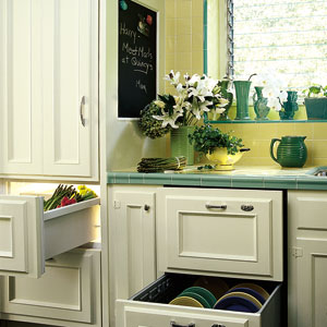 updated retro kitchen; counter-depth refigerator hidden behind drawer and door fronts