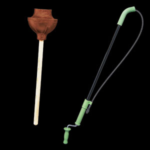 plunger and long-handled closet auger to clear clogged drains