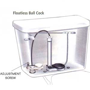 floatless ball cock in a toilet tank