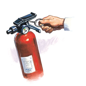 Pull the extinguisher's safety pin