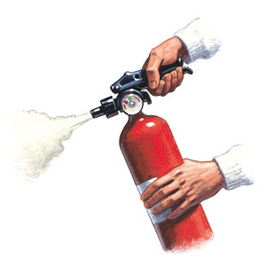 Squeeze the trigger and hold it, keeping the extinguisher upright