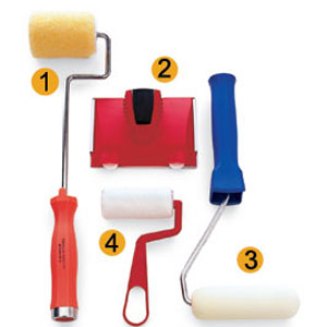 1. A narrow traditional roller; 2. A 3 ½-by-4 ¾-inch pad with guide wheels and a flexible extension socket; 3. A 4-inch foam roller with a rounded end; 4.A disposable roller

