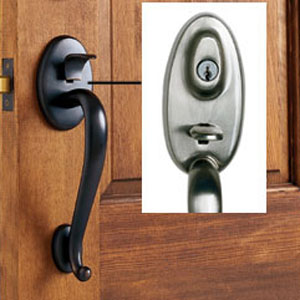 Entry Handleset: Baldwin, Logan series in Venetian bronze; inset: Kwikset, Gibson in satin nickel