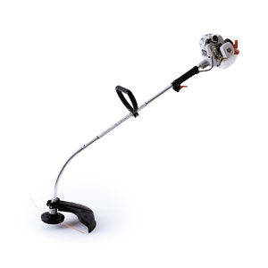 A string trimmer with a curved shaft