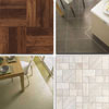 vinyl tiles: faux wood tile; dark gray tiles on kitchen floor; ivory linear tiles on kitchen floor; mosaic beige blend tiles