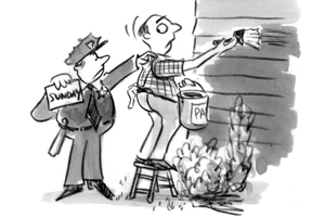 cartoon of police issuing ticket for painting house on Sunday