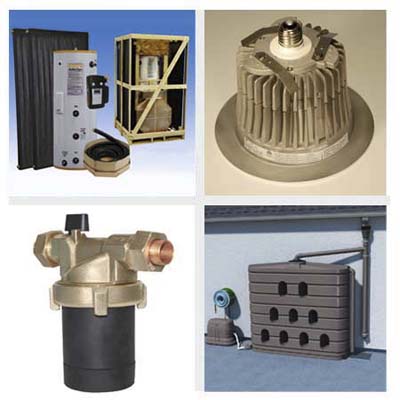 the Helix vertical wind turbine, the Cree dimmable LED downlight, Bushman rainwater collector and the Laing circulating pump