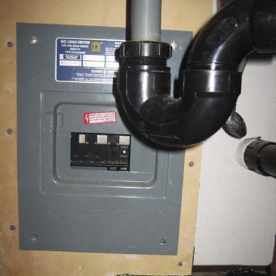 an electrical panel located underneath a sink next to pipes