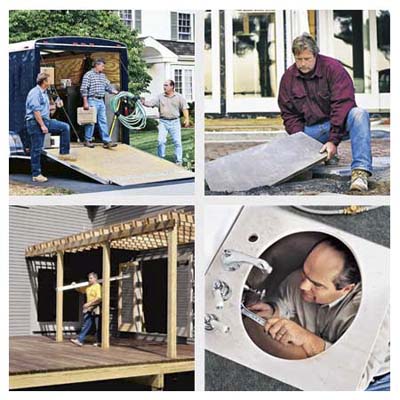show guys and the Ask TOH trailer, Roger Cook laying bluestone, Richard Trethewey installs a sink, Tom Silva working on a deck
