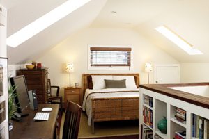 attic bedroom with built-in shelves and skylights
