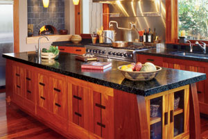 black granite stone countertop in zen-style wood kitchen