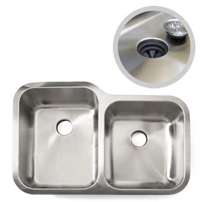 seamless stainless sink shown with an insert detailing an installed seamless sink with stopper