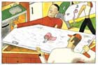 illustration of workers installing countertops with toilet paper dispensers attached to them