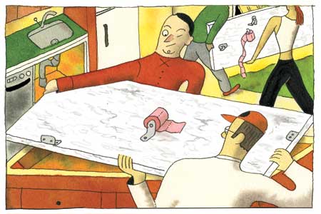 illustration of workers installing countertops with toilet paper dispensers attached to them
