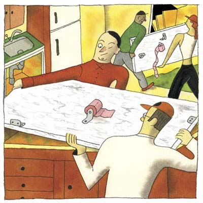 illustration of workers installing countertops with toilet paper dispensers attached