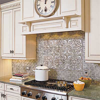 example of tin ceiling tiles used as a backsplash