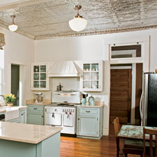 tin ceiling installed in a retro look kitchen