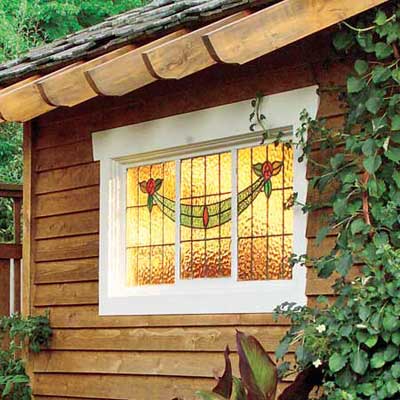 shed with stained glass window