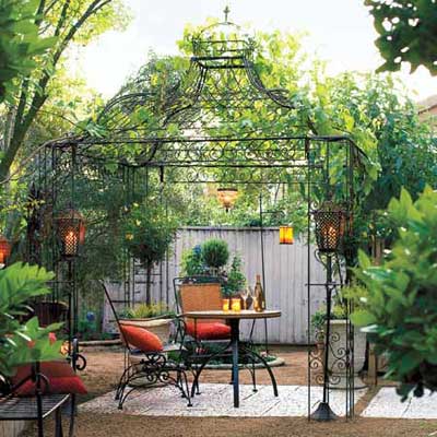 wrought iron gazebo over small dining table