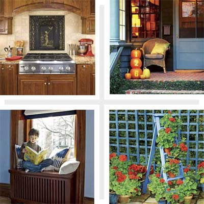 composite of four images including a kitchen backsplash, ladder plant stand, radiator cover window seat and pumpkins used for house numbers