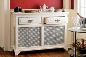kitchen showing a beautiful backsplash made from a salvaged summer fireplace cover