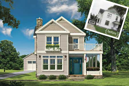 an inset of the existing house in a Photoshop rendering of an architect's proposed changes