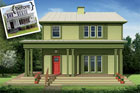 a two-story house remodeled using Photoshop, before photo inset