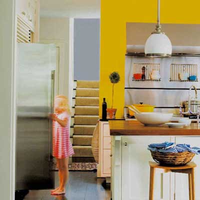 wall painted bright yellow in kitchen