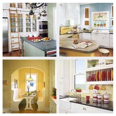kitchen upgrades including (clockwise from top left) a rolling ladder, a range hood cover, a breakfast nook and cabinet inserts