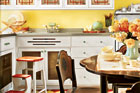 brightly colored kitchen filled with vintage looks