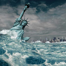 statue of liberty being swept away in apocalyptic flood
