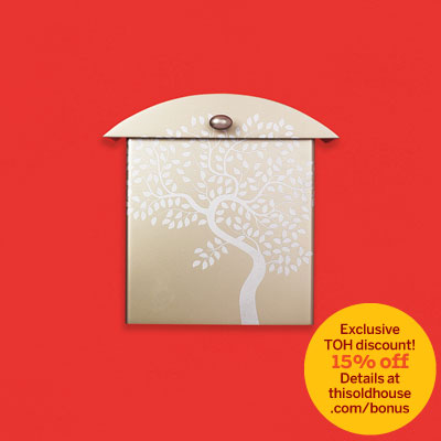 a powder-coated aluminum wall-mount mailbox with a Moderne-inspired hand-painted tree design