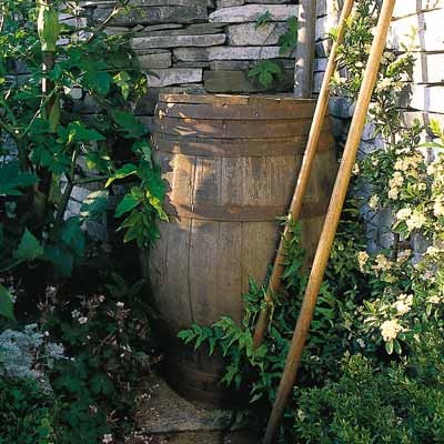 rain barrel near a house