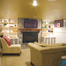 finished basement with movie screen