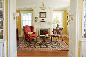 greek revival victorian living room with fireplace