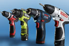 4 drill drivers; left to right: Skil, Rockwell, Bosch and Craftsman