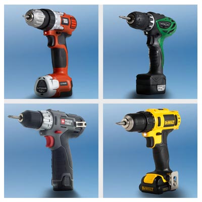 4 drill/drivers; clockwise from top left: Black & Decker, Hitachi, Porter-Cable and DeWalt