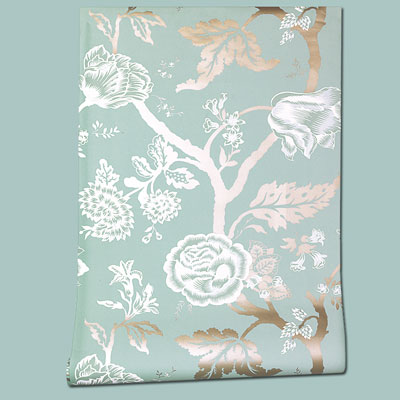 Metallic Wall Paper on Nonwoven Blue And White Metallic Floral Fantasy Wallpaper