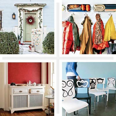 Decorated home front entry, coat rack, cabinets and chairs