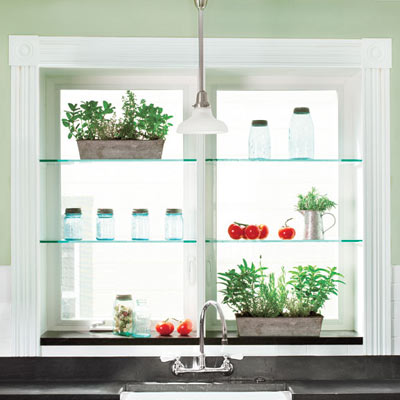 Kitchen window glass shelves