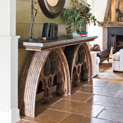 window arch console table made from salvage materials