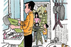 person doing dishes in the bathroom with kitchen torn apart in the background