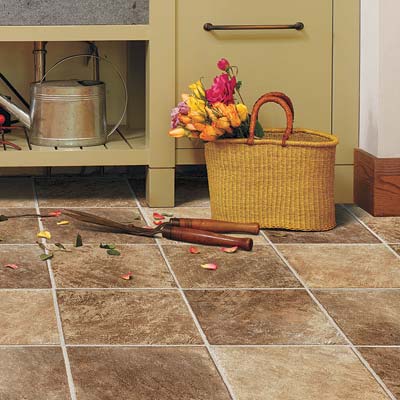 open to the outdoors potting room with quick clean vinyl floor