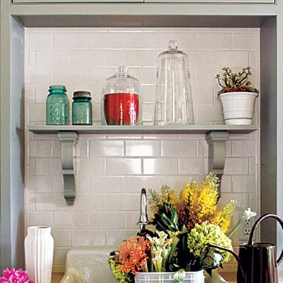 plumbed hutch potting room with waterproof backsplash and eye-catching shelf