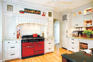 old world style kitchen remodel with red range stove