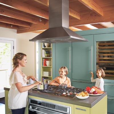 mother and children in remodeled open vintage kitchen